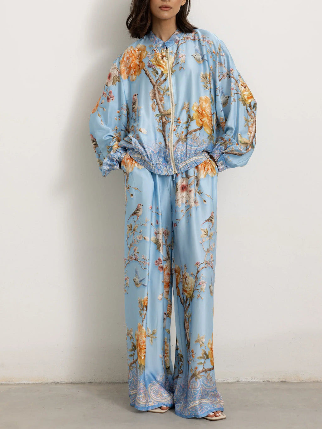 Elegant Floral Bird Print Shirt& Wide Leg Pants Set