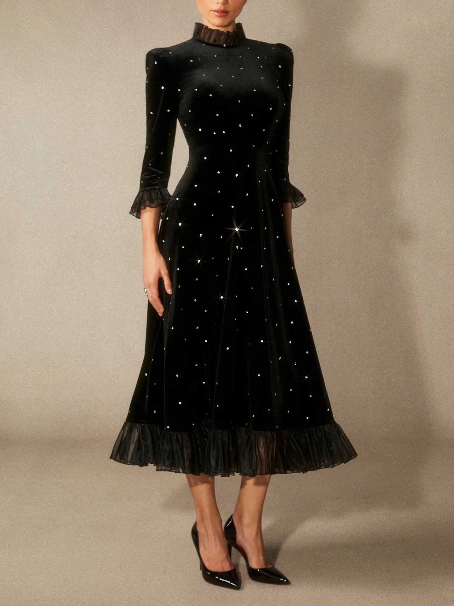 Exquisite Velvet Rhinestone Midi Dress