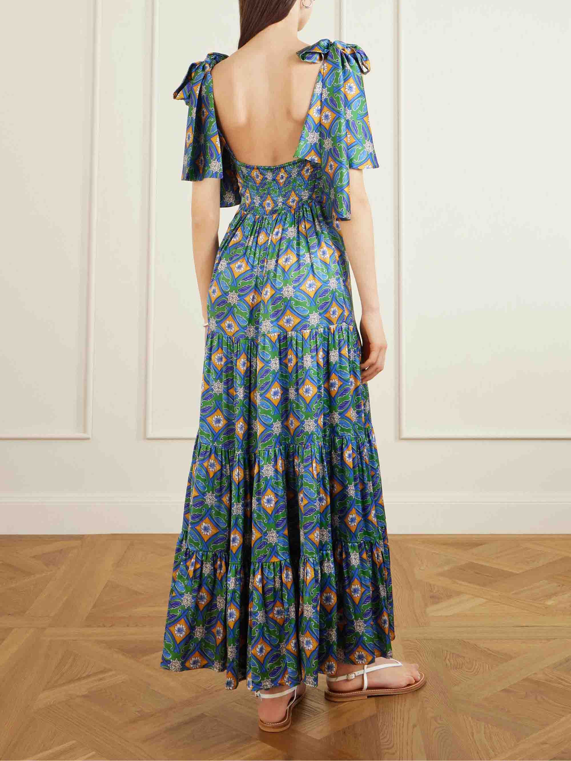 Elegant Retro Tile Print Layered Maxi Dress