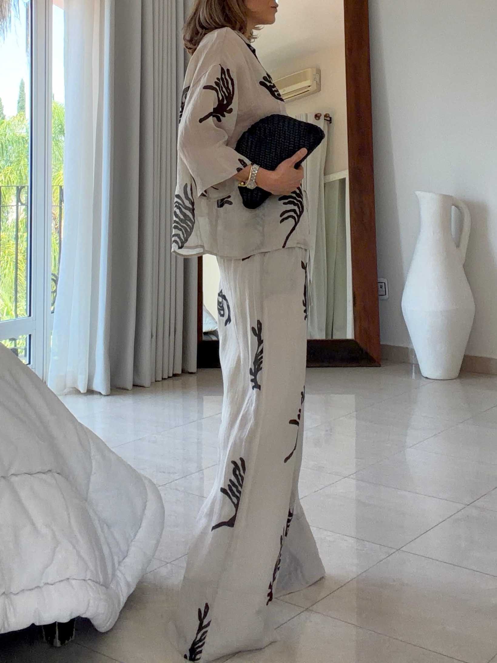 Exquisite Tropical Leaf Print Shirt & Pants Two-Piece Set