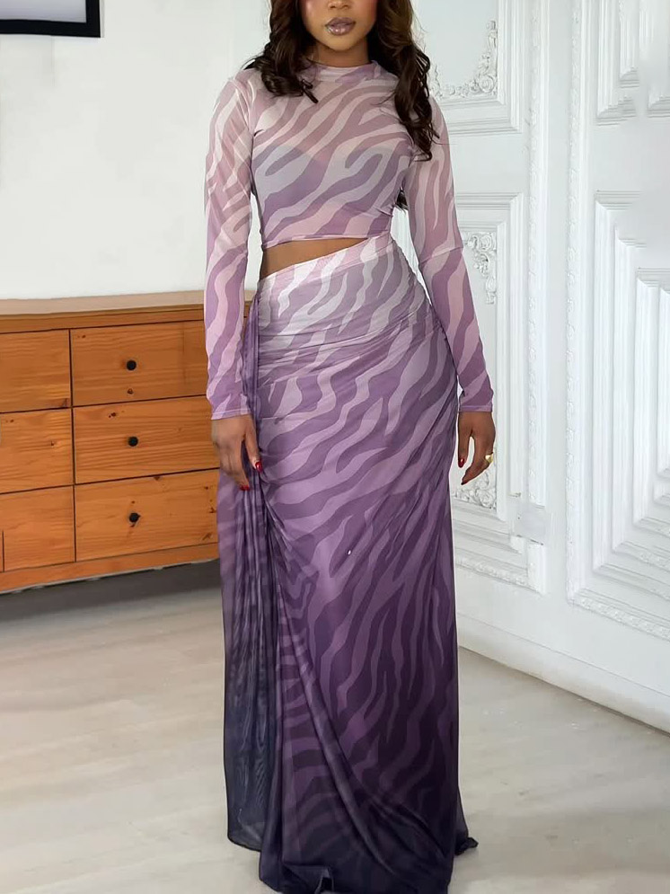 Sexy Zebra-print Mesh Cropped Maxi Dress