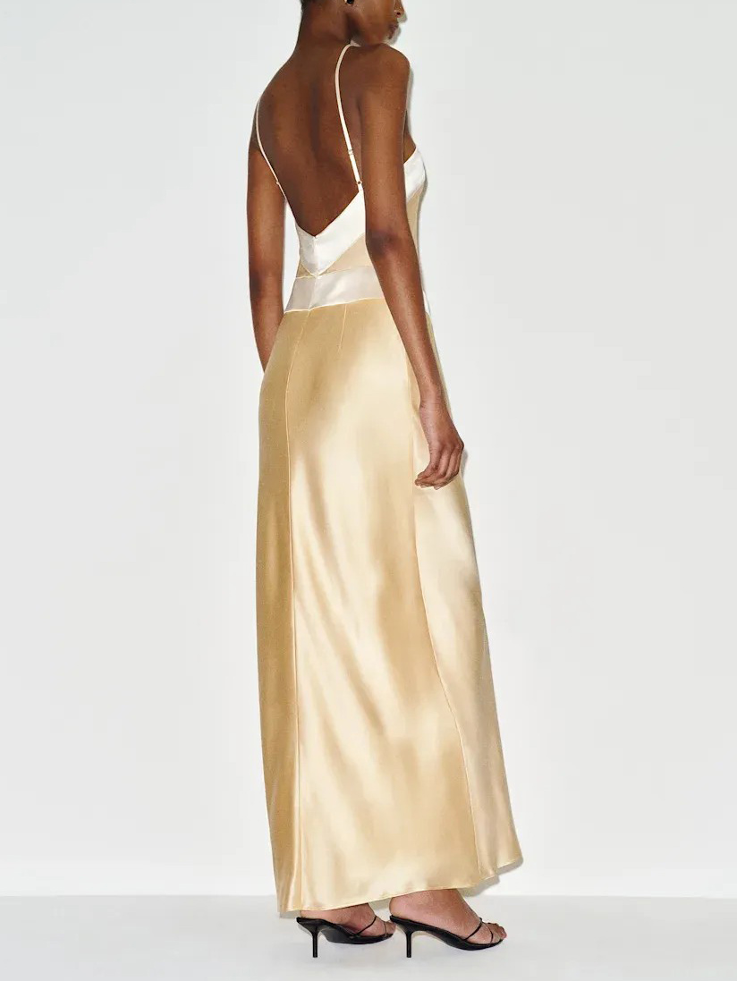Elegant Satin Halter Neck Color-Block Maxi Dress