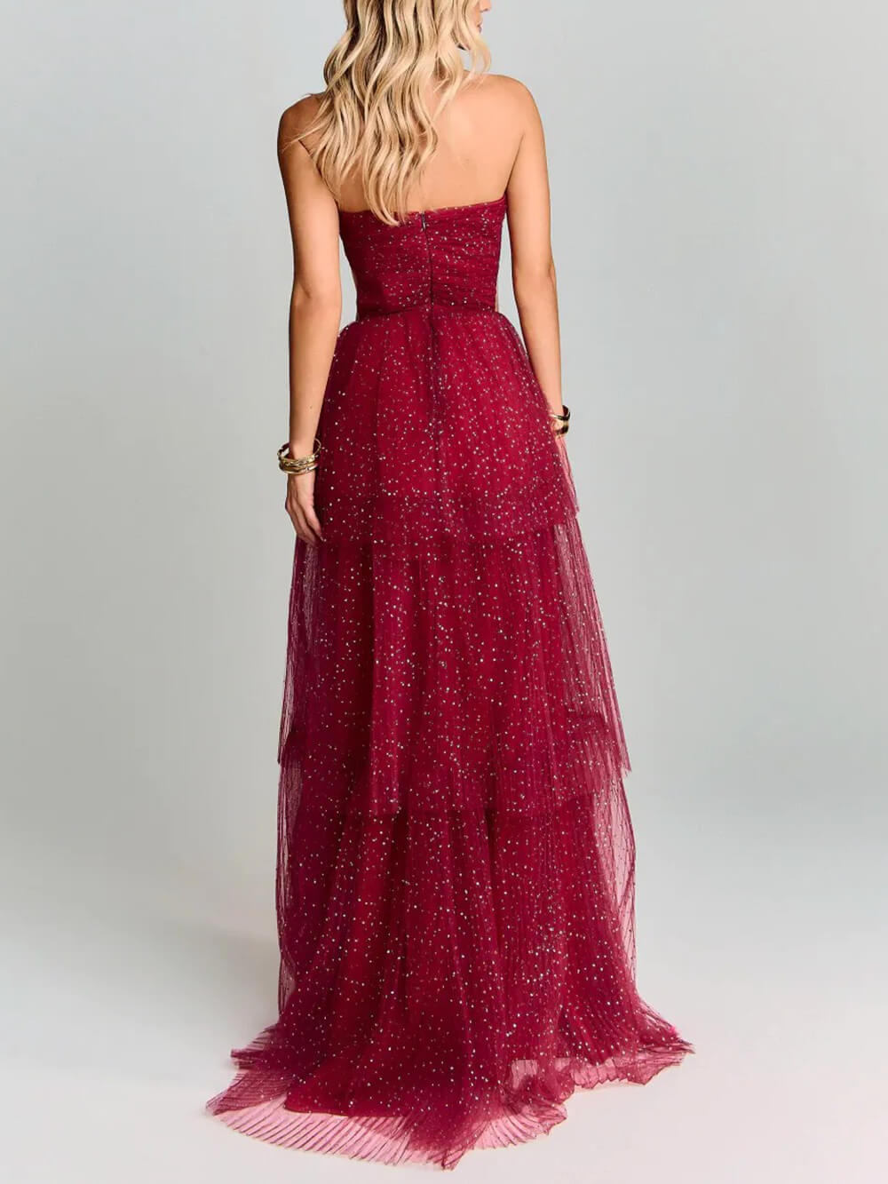 Elegant Red Polka Dot Layered Tulle Party Maxi Dress