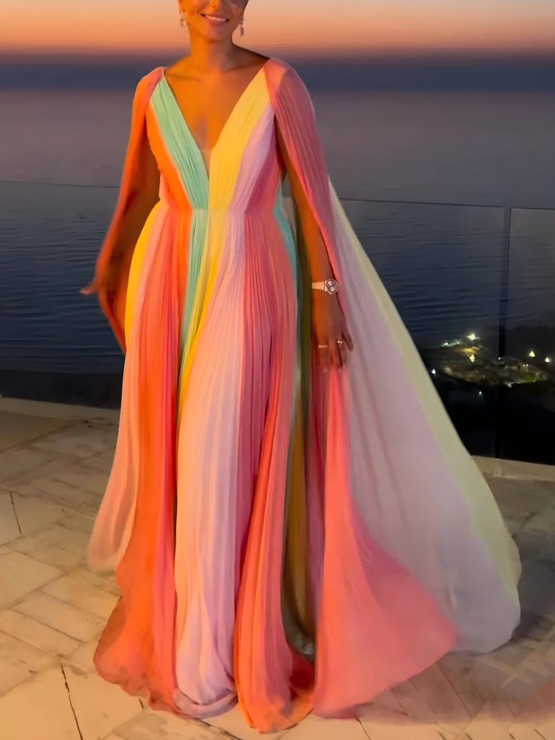 Elegant Pleated Rainbow Maxi Dress