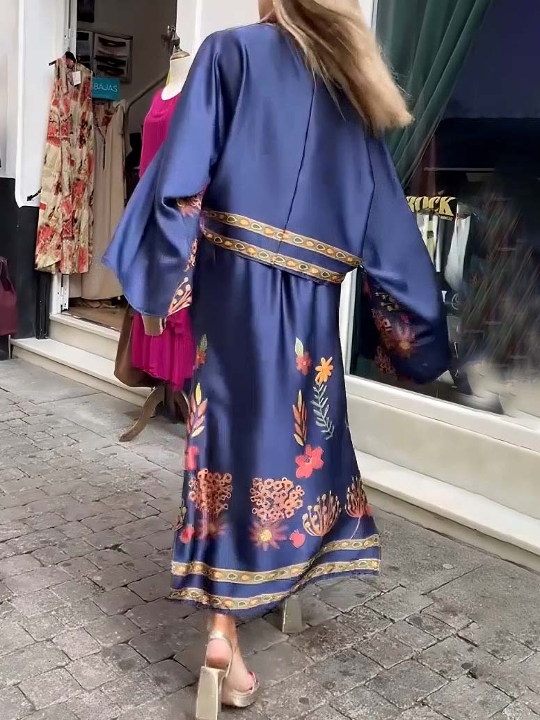 Exquisite Floral-Print Satin Long-Sleeved Top