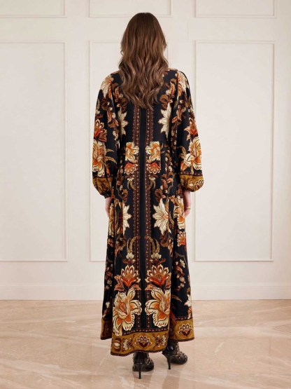 Retro Baroque Floral Print Button-Front Maxi Dress