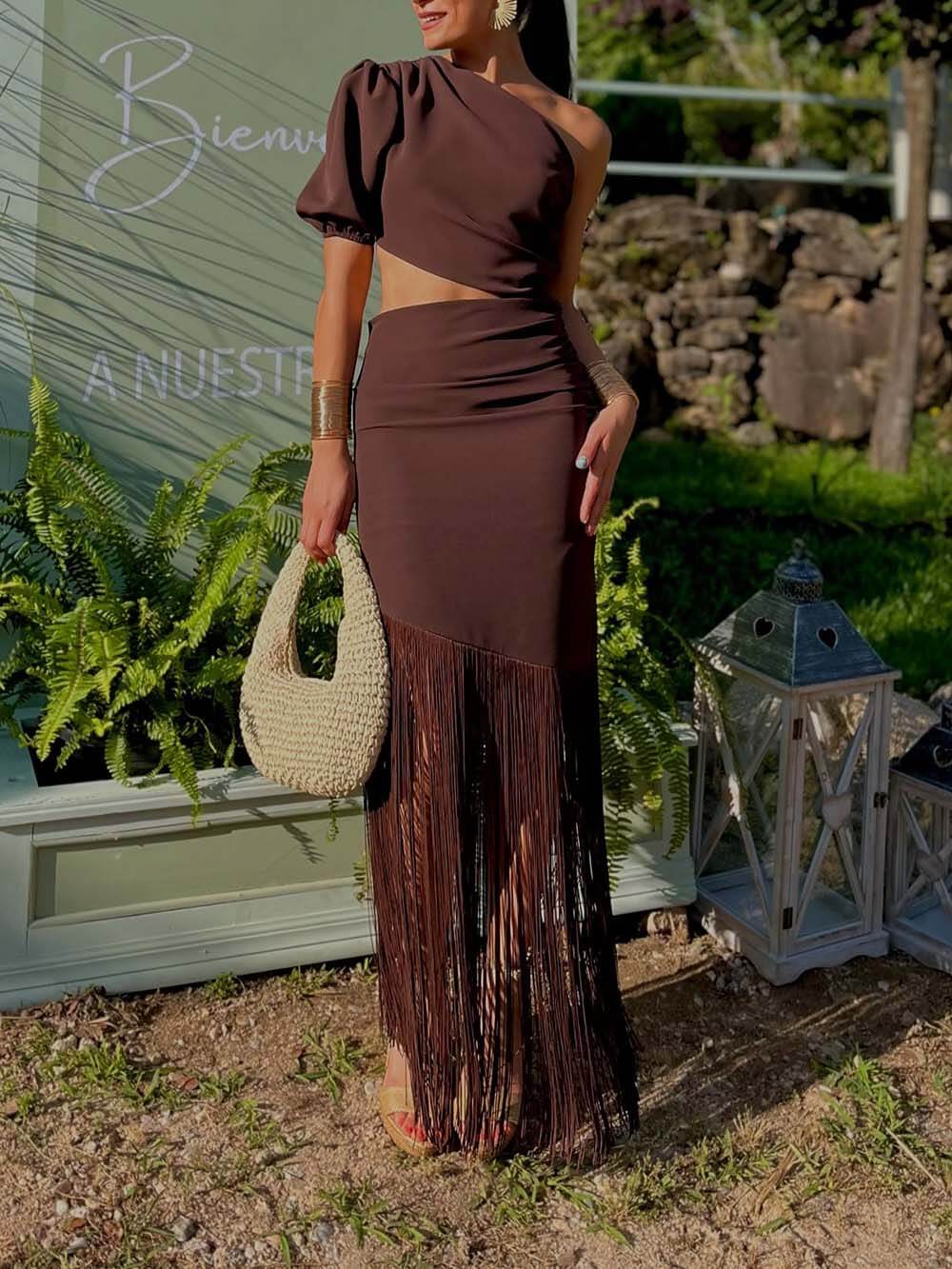 Fashion One-Shoulder Fringe Panel Cutout Slim Maxi Dress