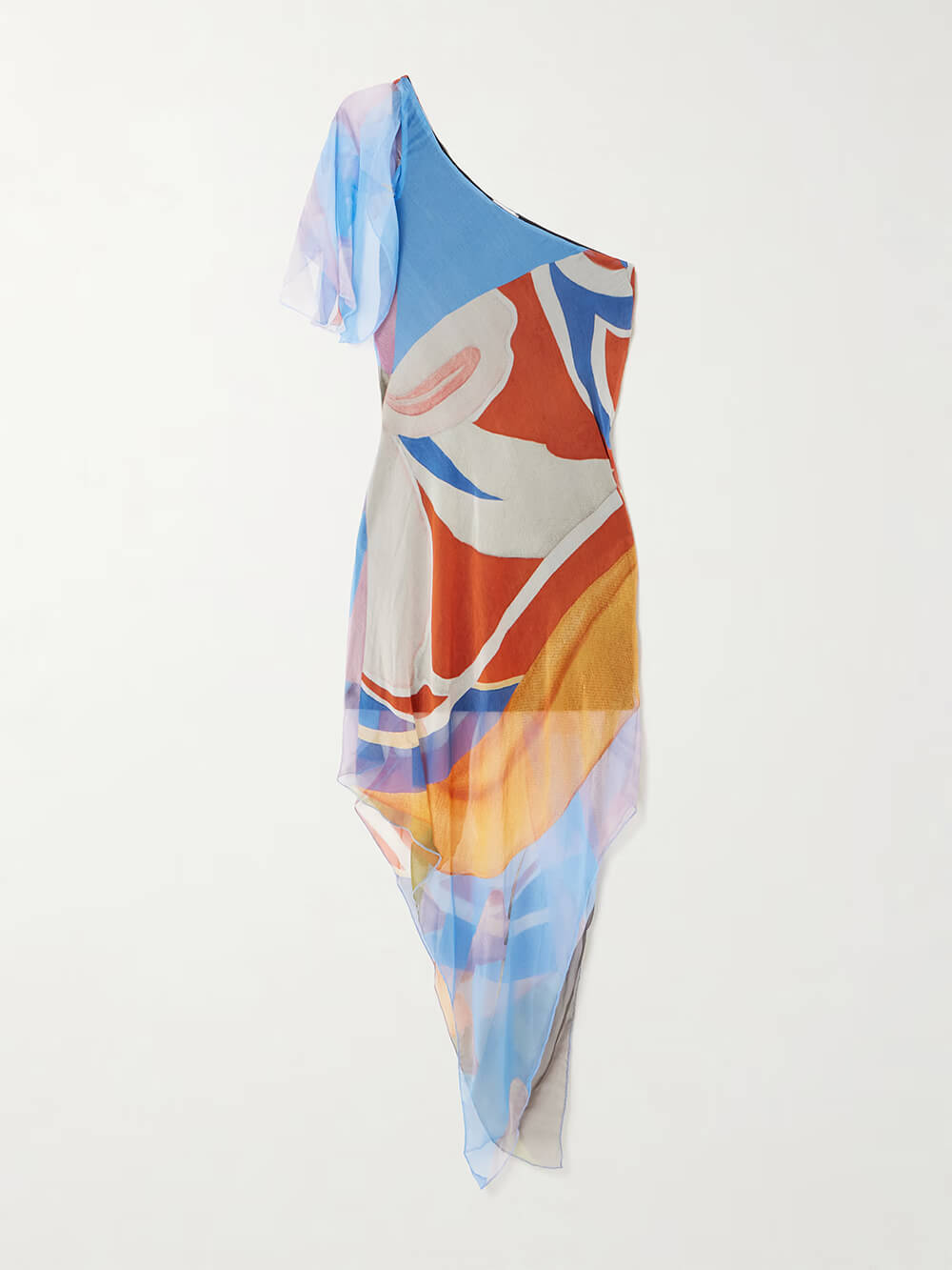 Unique One-Shoulder Asymmetrical Print Chiffon Midi Dress