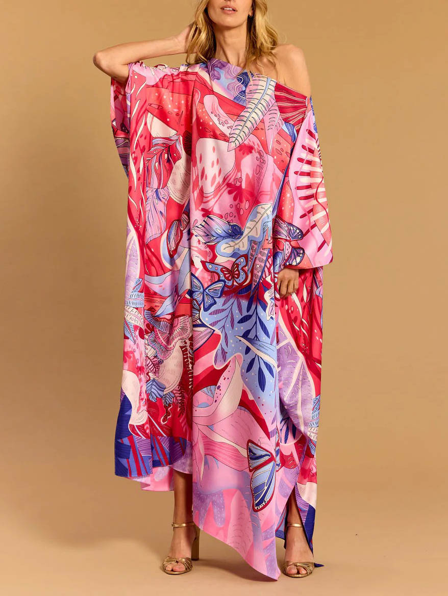 Elegant One-shoulder Satin Printed Maxi Dress