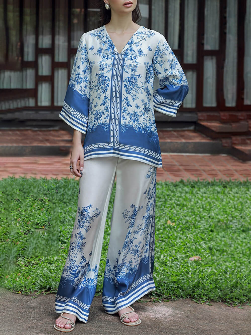 Classic Floral Print Patchwork Elastic Waist Wide-Leg Pants