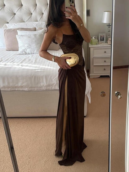 Sexy and Delicate Off-the-Shoulder Lace Panel Maxi Dress