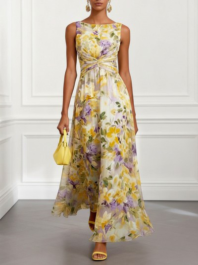 Elegant Sleeveless Twist Waist Floral Print Chiffon Maxi Dress