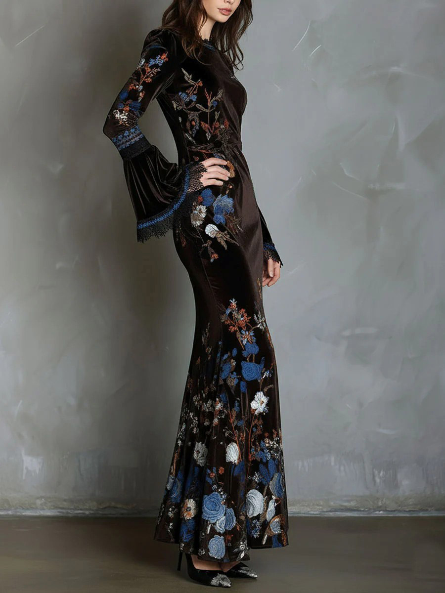 Elegant Velvet Floral Print Lace Flared Sleeve Fishtail Maxi Dress