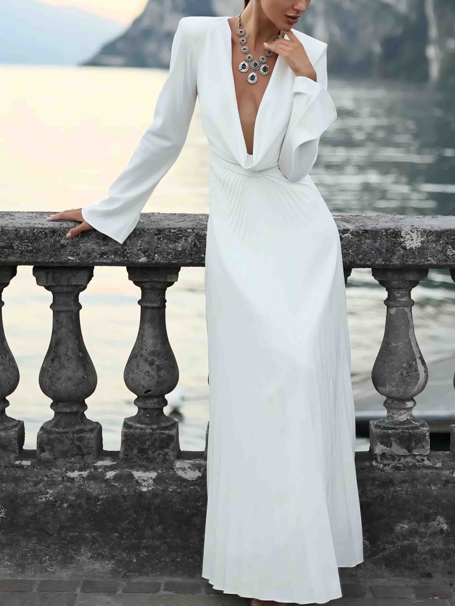 Elegant Draped Neckline Pleated Maxi Dress