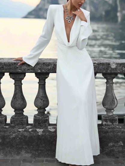 Elegant Draped Neckline Pleated Maxi Dress