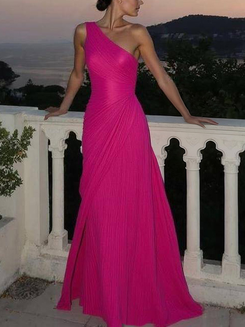 Elegant One-Shoulder Pleated Maxi Dress