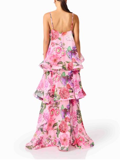 Elegant Pink Floral Spaghetti Strap Tiered Ruffle Flowy Maxi Dress
