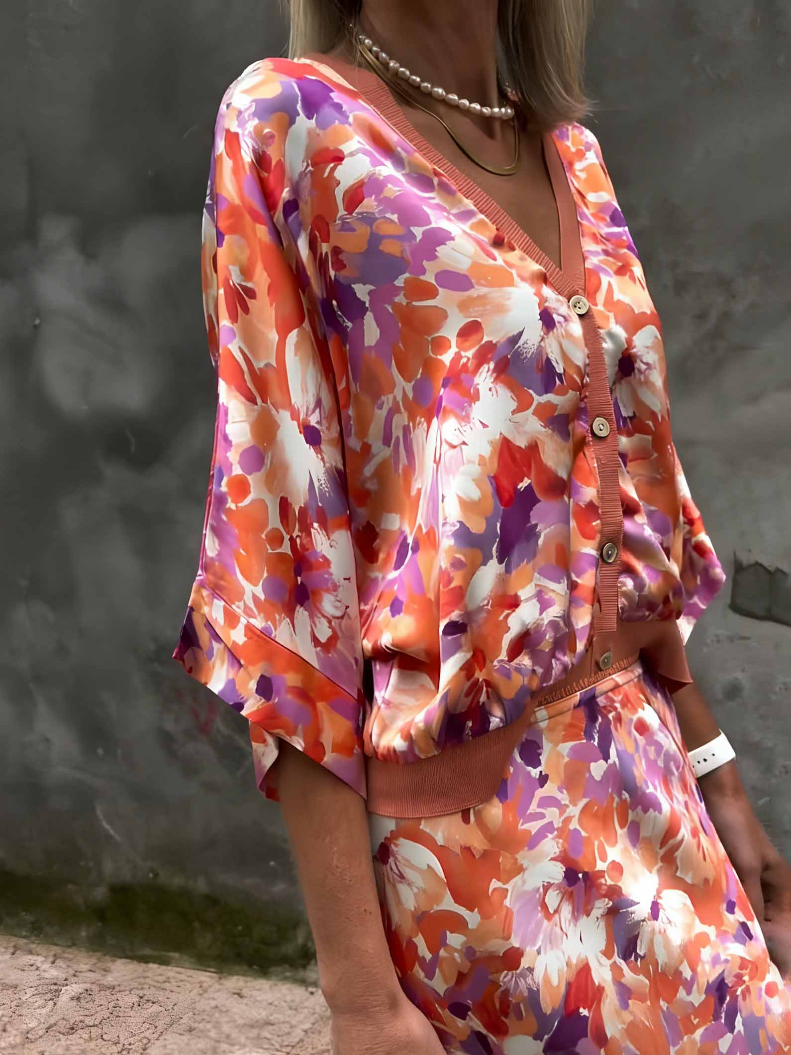 Exquisite Floral Print Satin Two-Piece Set