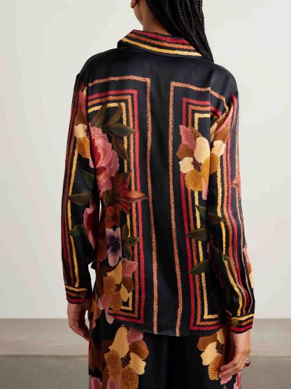 Exquisite Floral Satin Print Long-sleeved Shirt