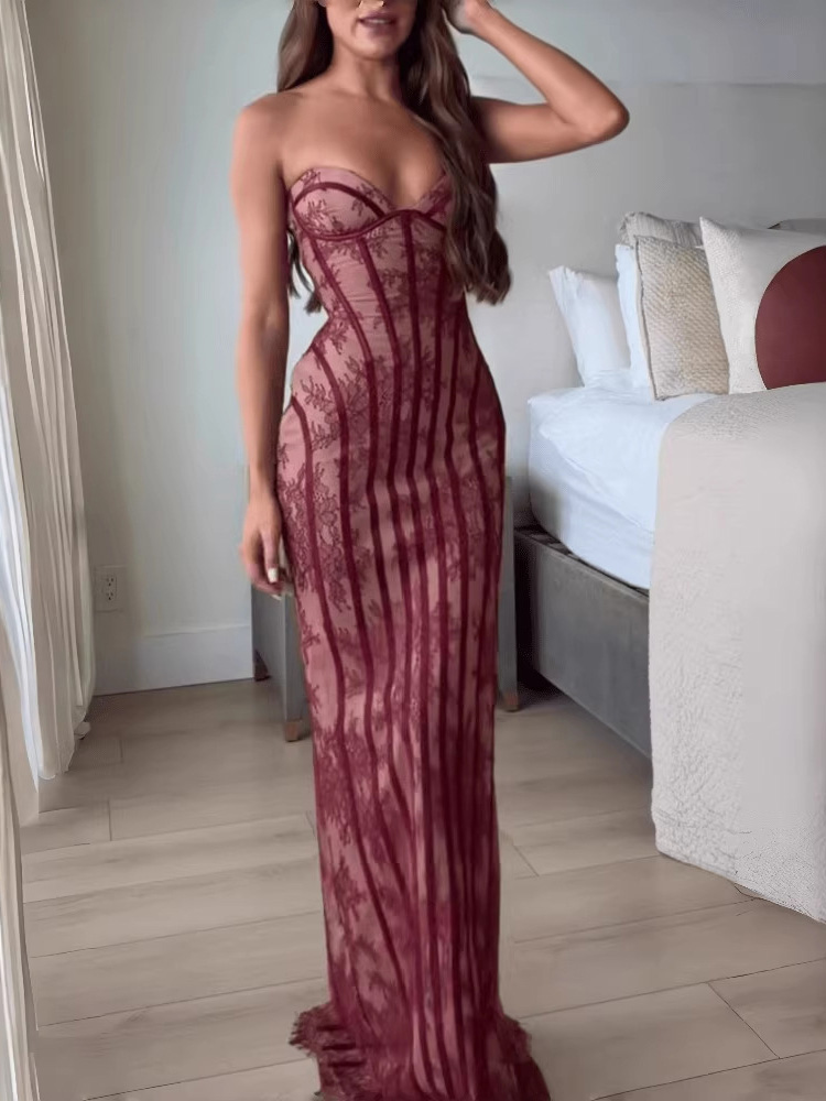 Elegant Strapless Lace Corset Maxi Dress
