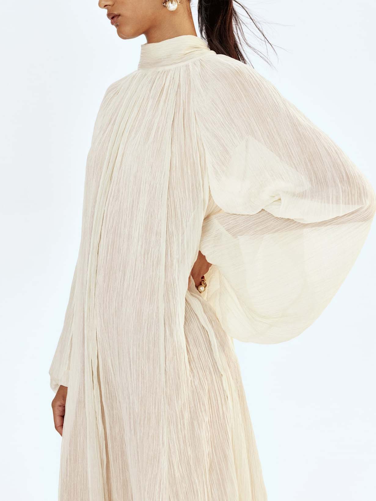 Elegant High-Neck Pleated Long-Sleeve Maxi Dress