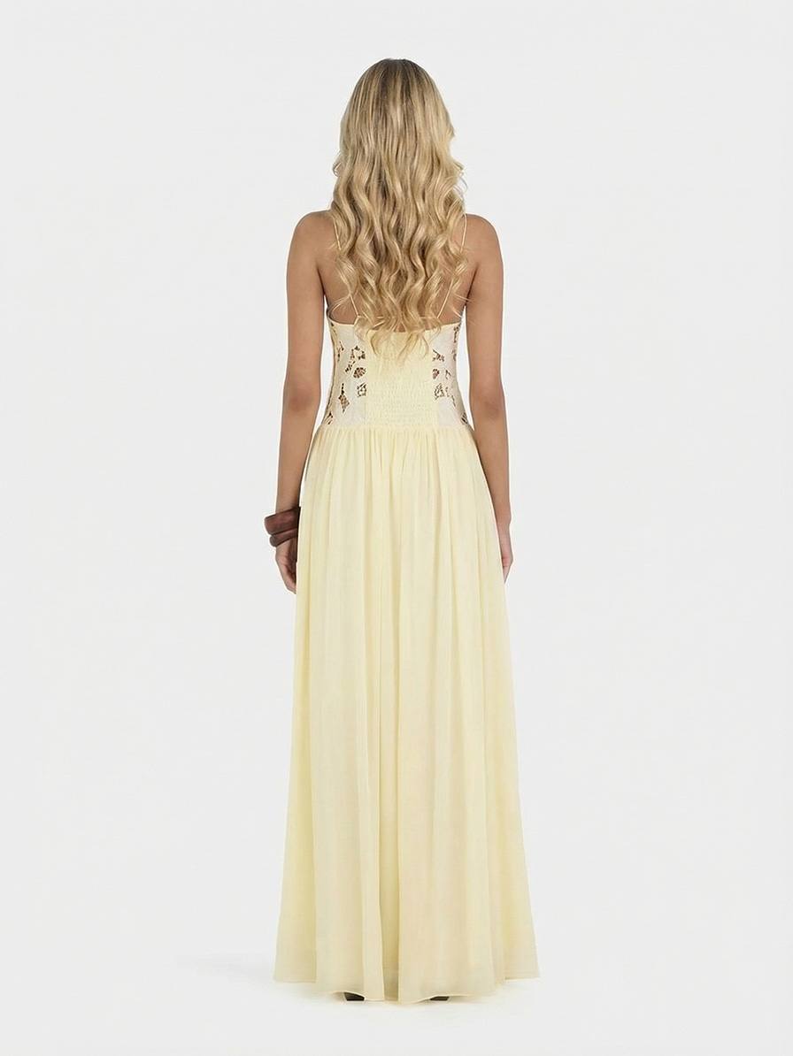 Elegant Lace Spaghetti Strap Floral Appliqué Maxi Dress