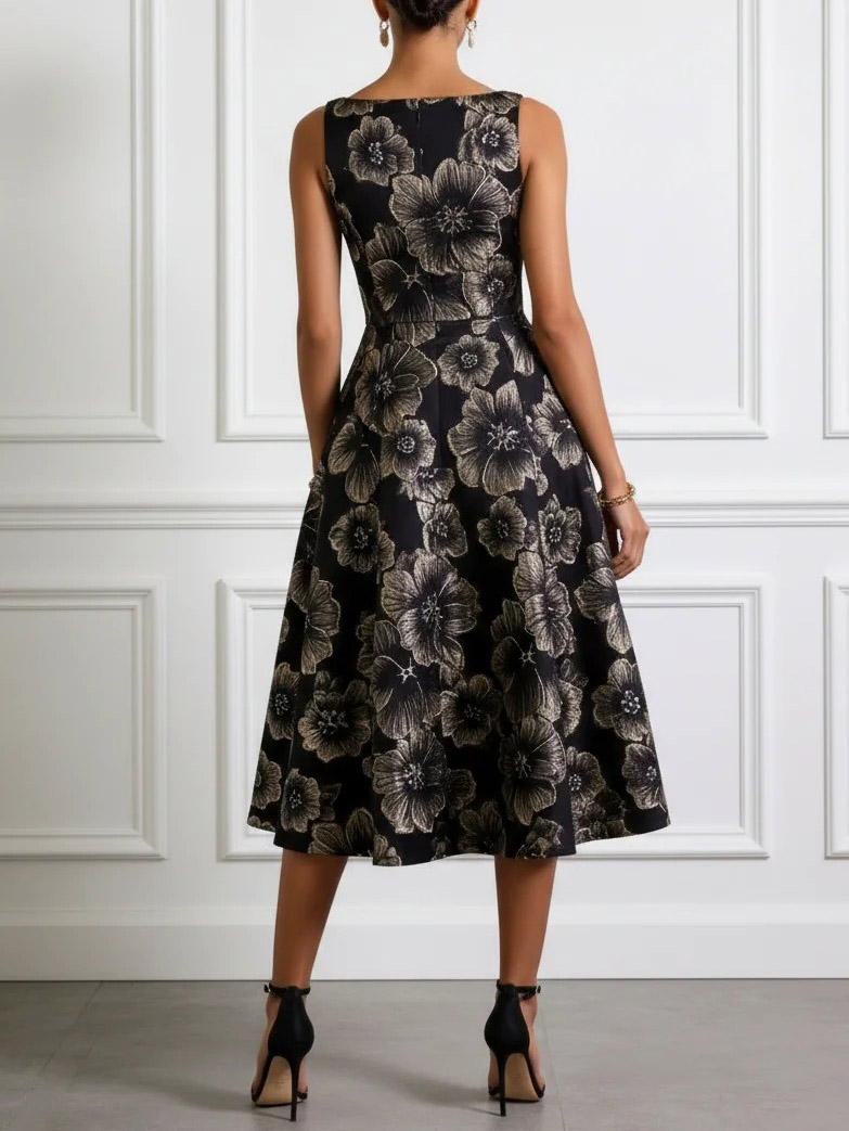 Elegant Gold Floral Jacquard Midi Dress