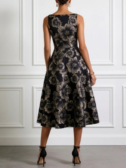 Elegant Gold Floral Jacquard Midi Dress