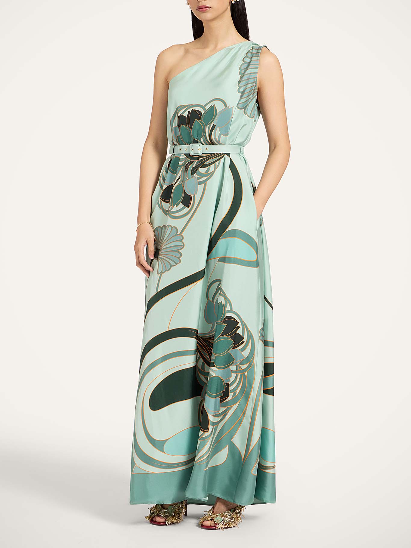 Unique Artistic New Style Printed One-Shoulder Neck Maxi Dress