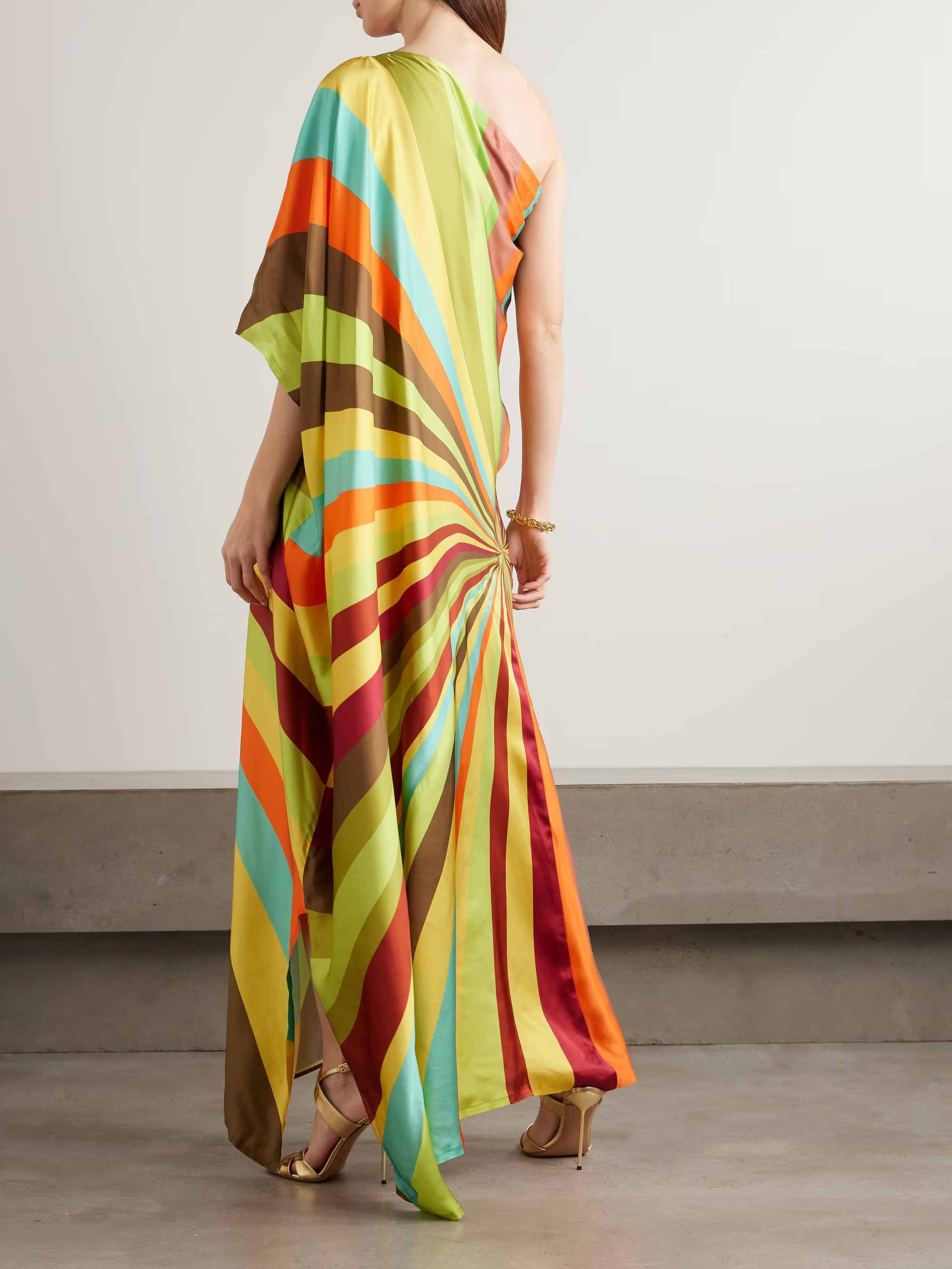 Elegant One-Shoulder Draped Colorful Stripe Print Satin Maxi Dress