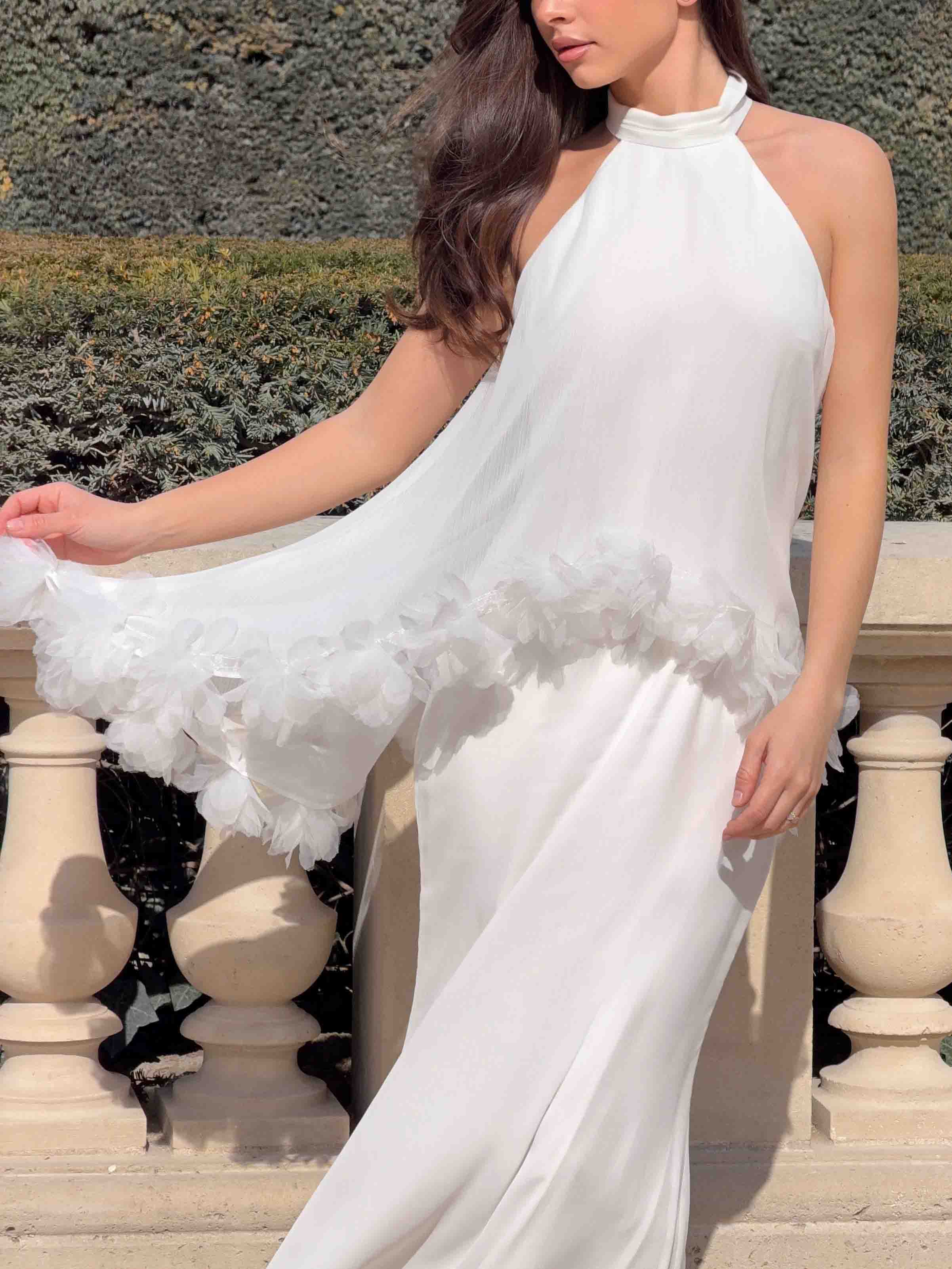 Clear Ruffled Floral Applied Chiffon Maxi Dress