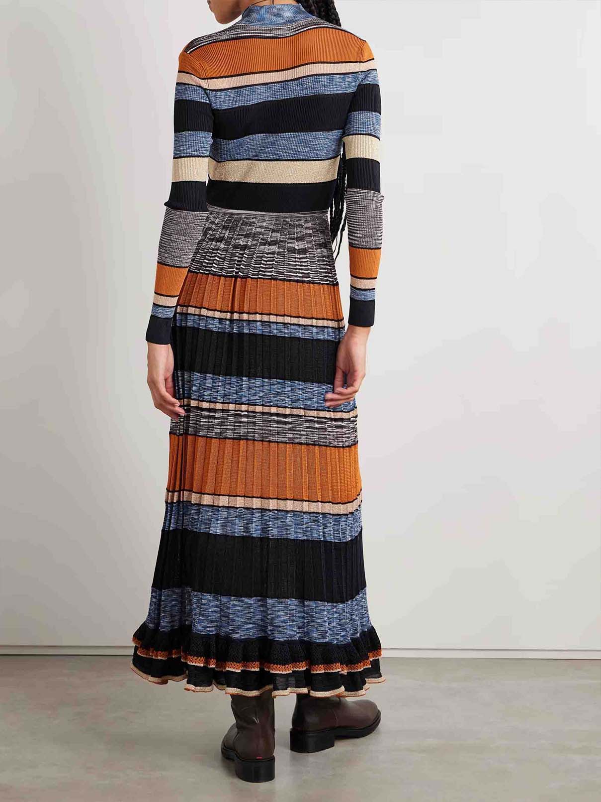 Exquisite Colorful Striped Ruffled Knit High-Neck Maxi Dress