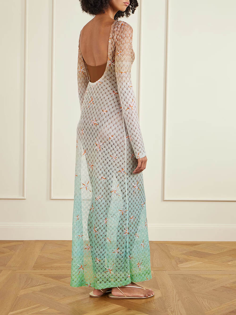 Sexy Backless Gradient Embroidered Metal Hook Crochet Maxi Dress