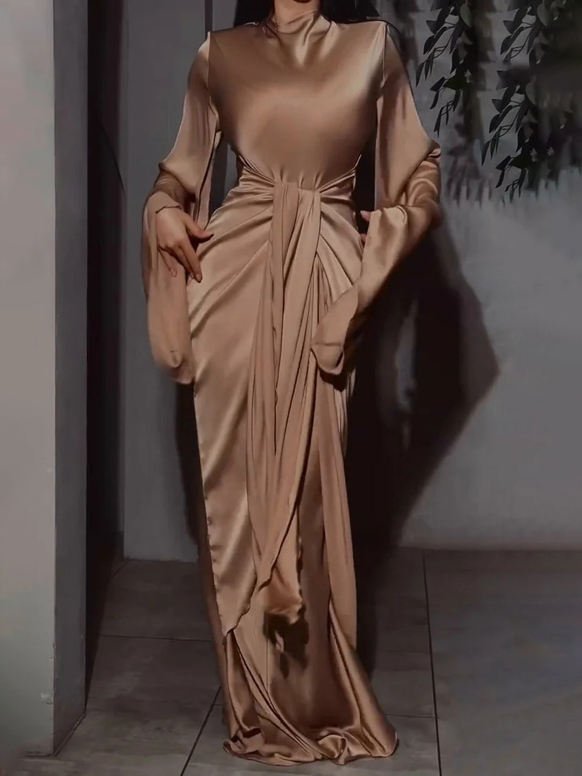 Elegant Satin Draped Long-Sleeve Maxi Dress