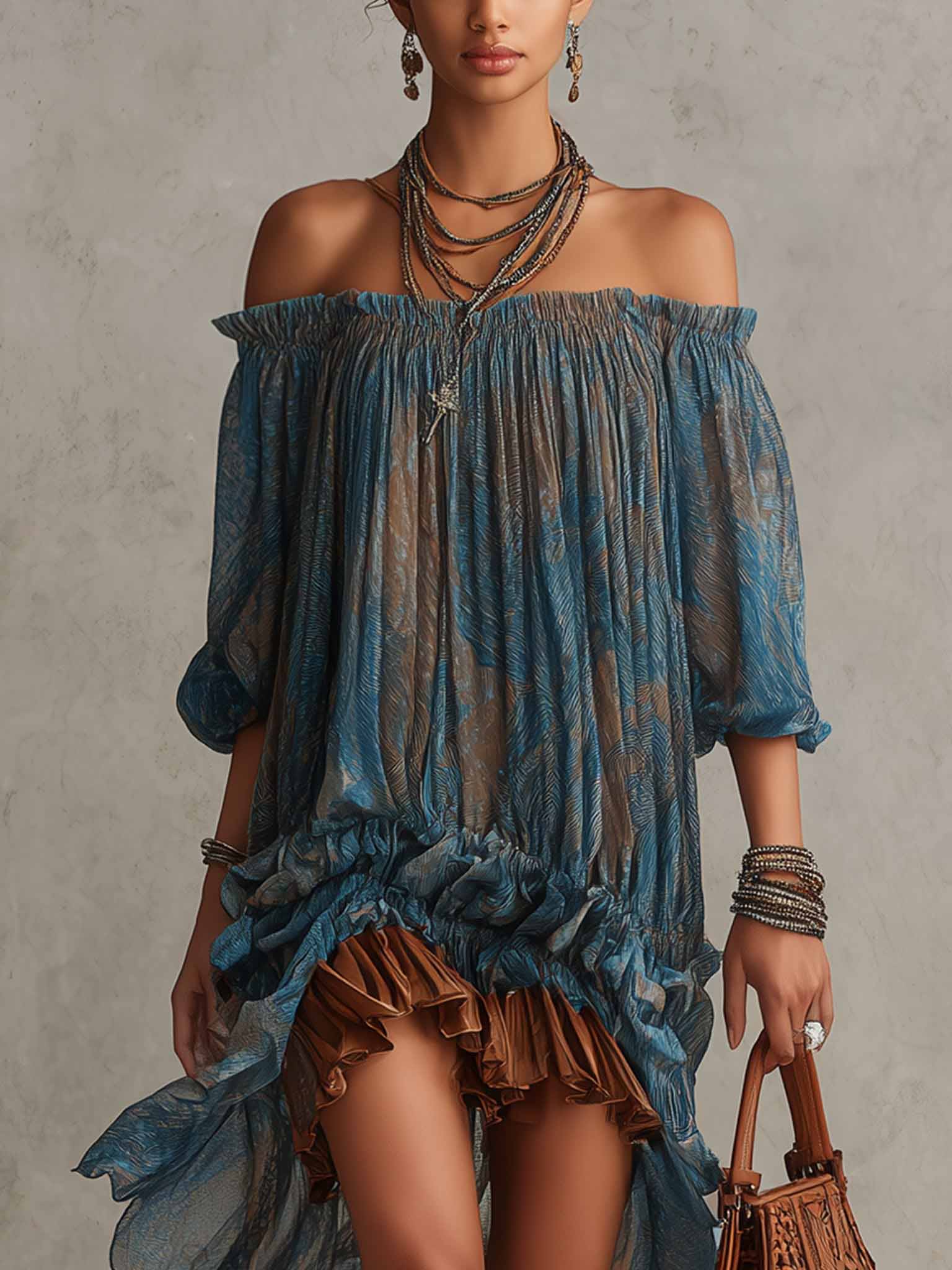 Bohemian Off-Shoulder Ruffled Sheer High-Low Midi Dress