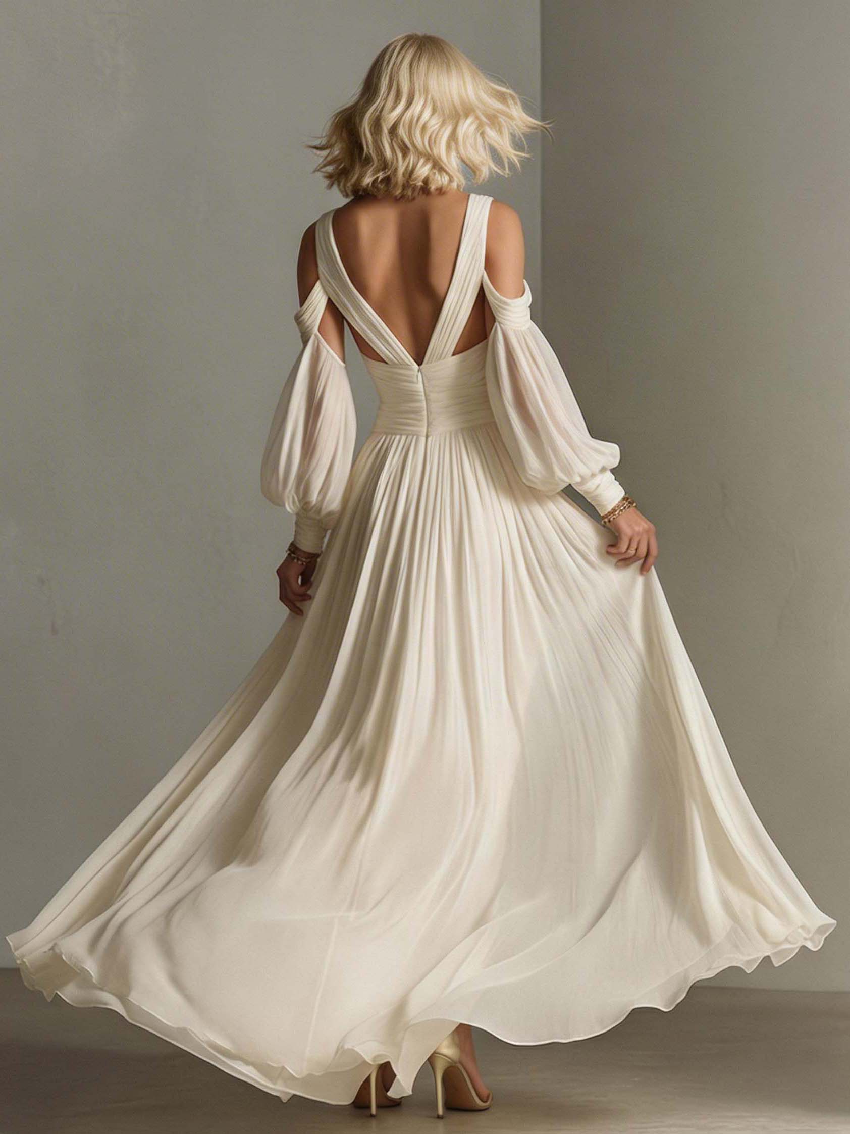 Elegant Off-Shoulder Puff Sleeve High-Slit Flowing Maxi Dress