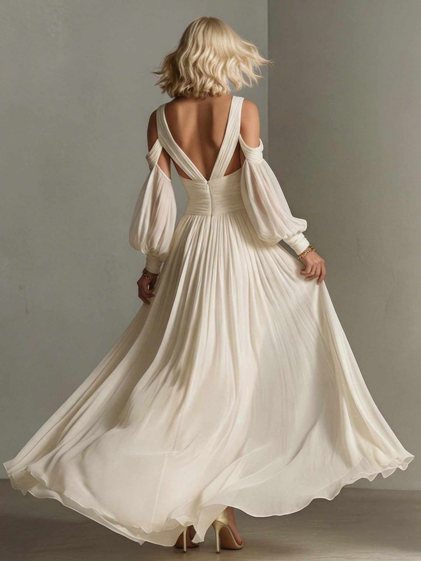 Elegant Off-Shoulder Puff Sleeve High-Slit Flowing Maxi Dress