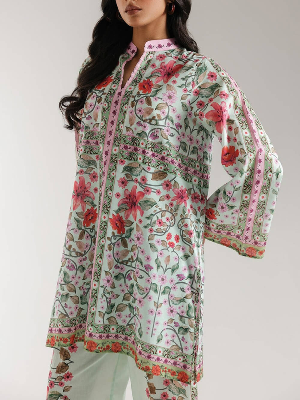 Unique Satin Symmetrical Floral Print Half-Collar Oversized Shirt