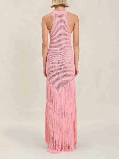 Exquisite Stand-up Collar Knitted Fringe Maxi Dress