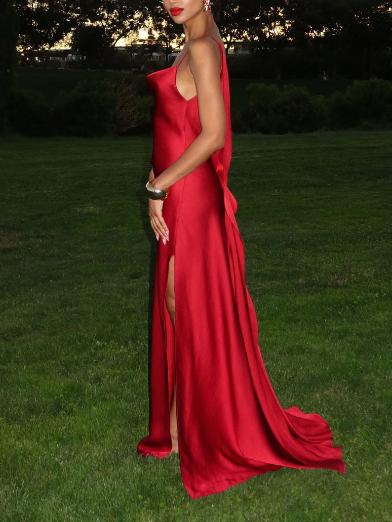 Sexy Backless Satin Side-Slit Maxi Dress