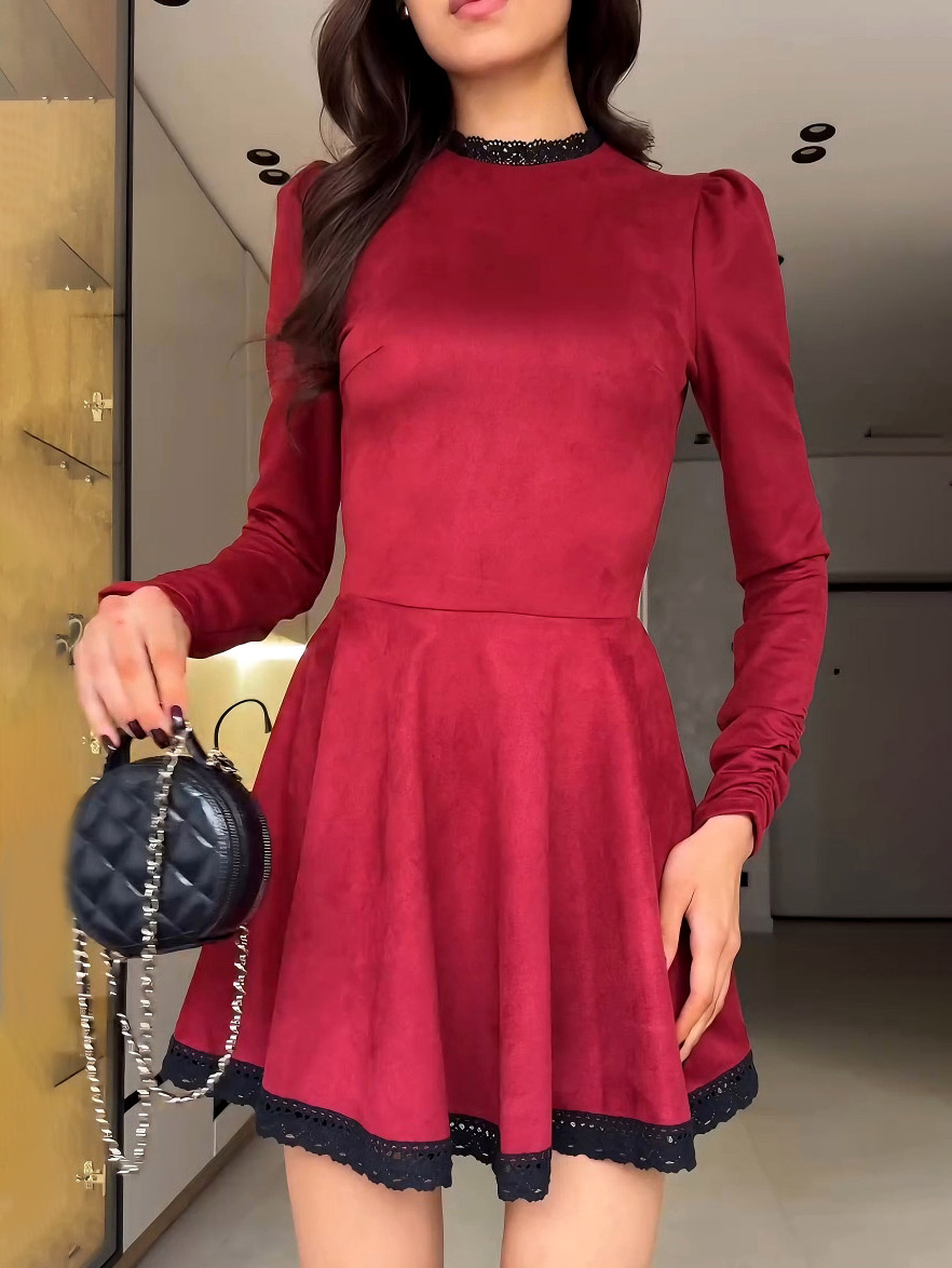Elegant Lace-trimmed Suede Mini Dress