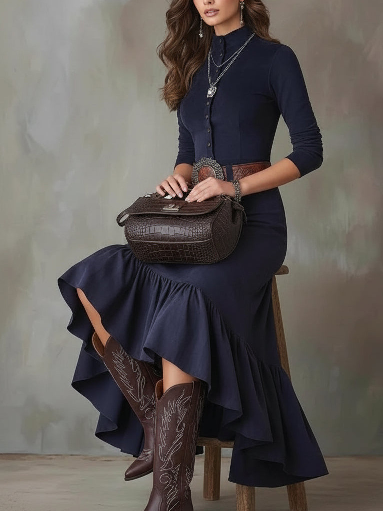 Elegant Suede Asymmetrical Hem Midi Dress