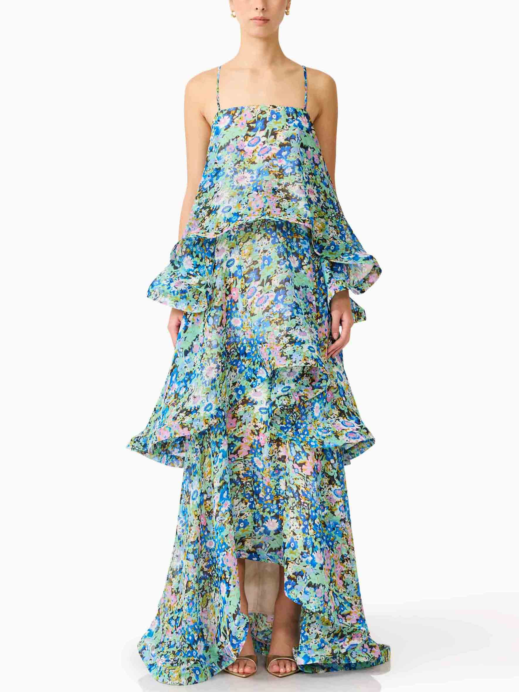 Elegant Vibrant Floral Print Tiered Ruffle Maxi Dress
