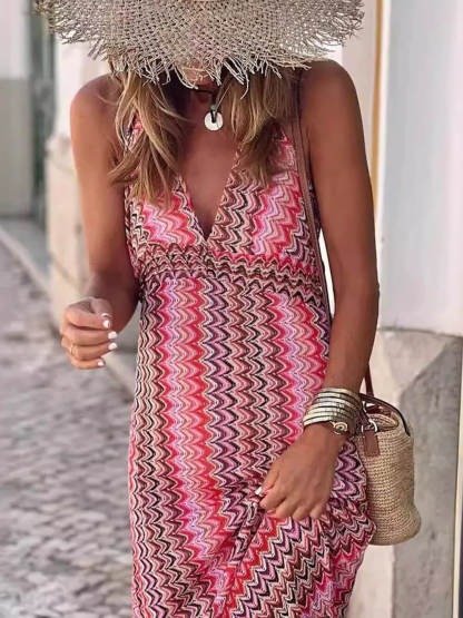Bohemian Print V-Neck Spaghetti Strap Slit Maxi Dress