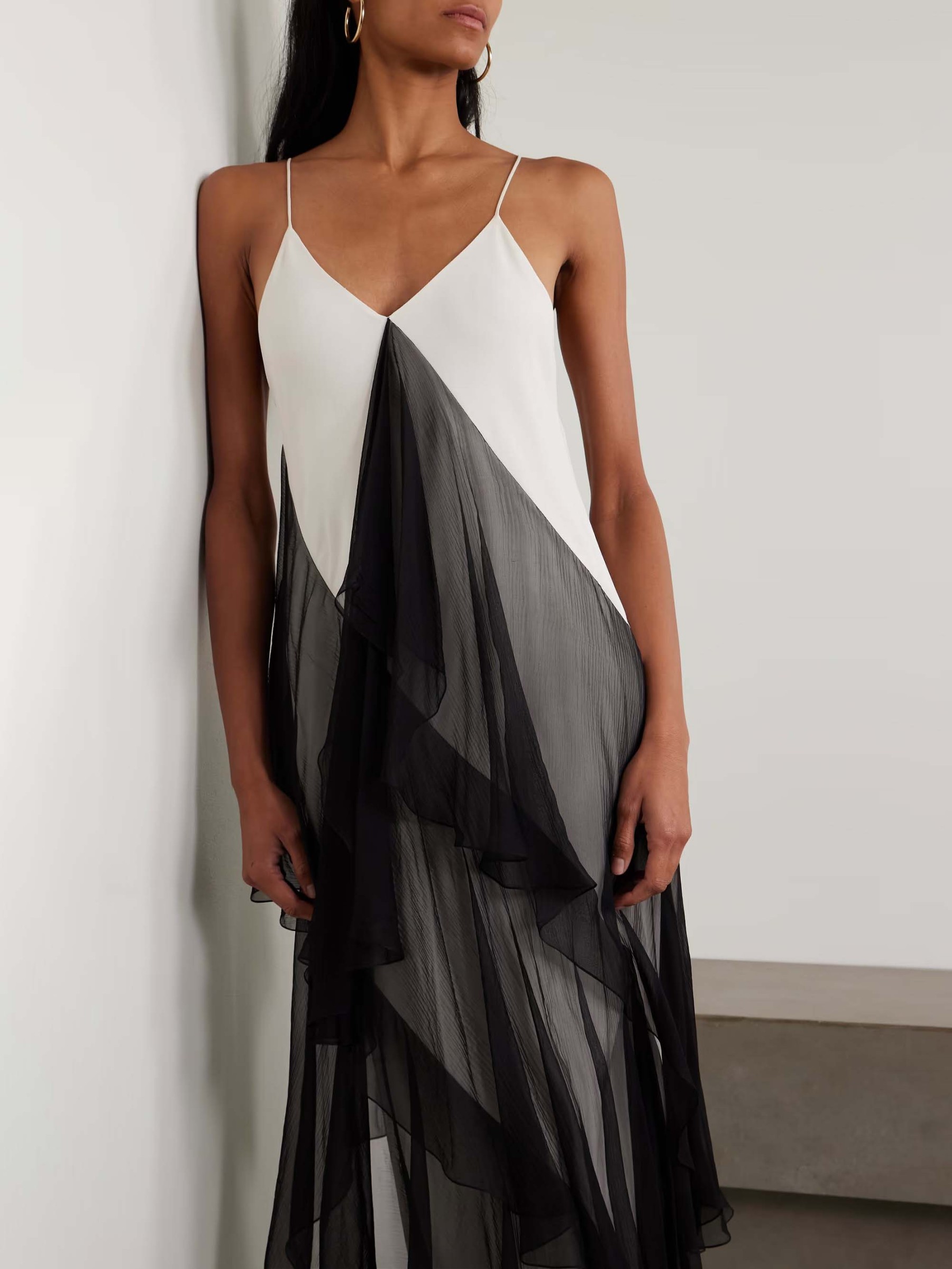 Asymmetrical Ruffled Two-tone Maxi Dress