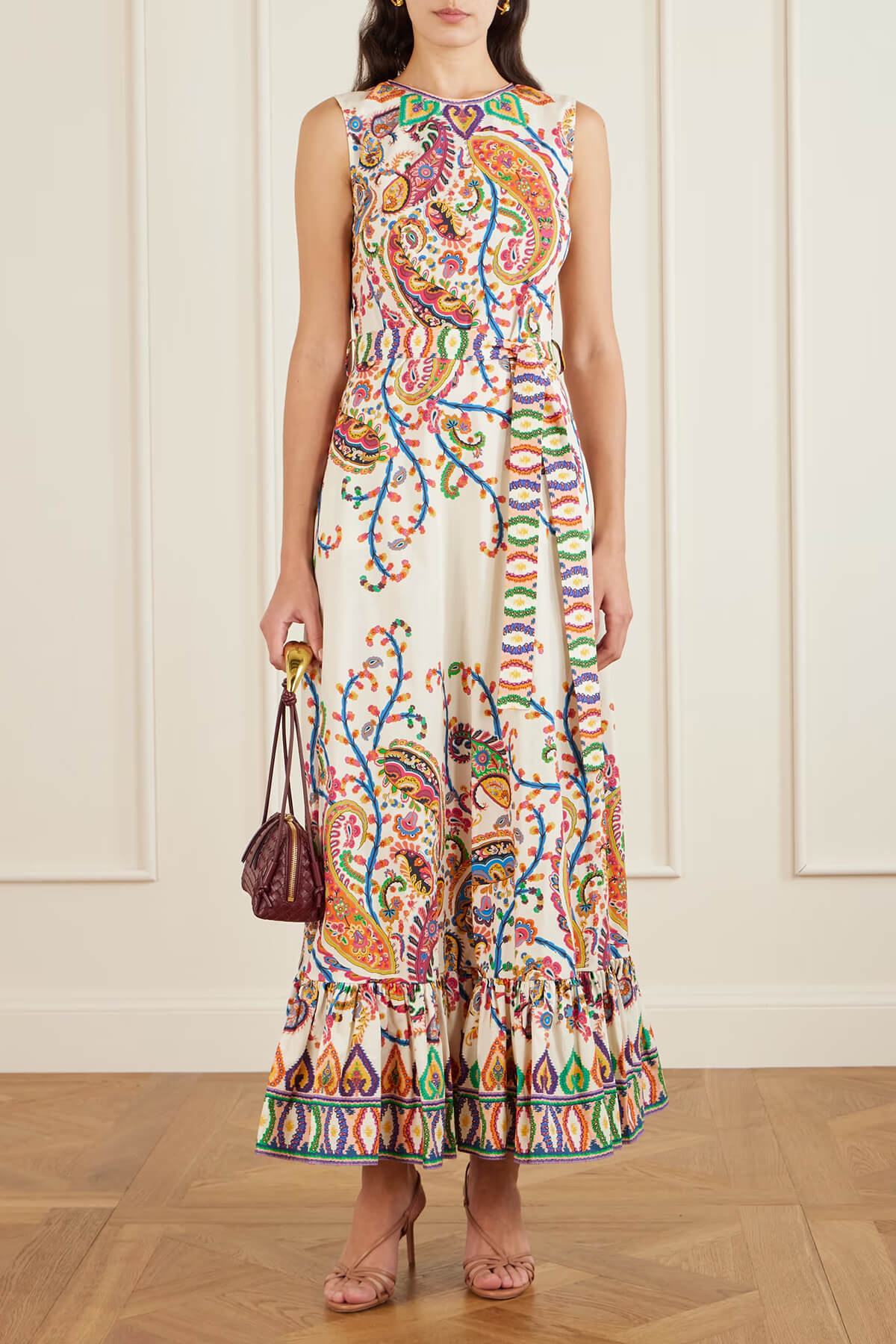 Casual Satin Tie-Up Printed Ruched Maxi Dress