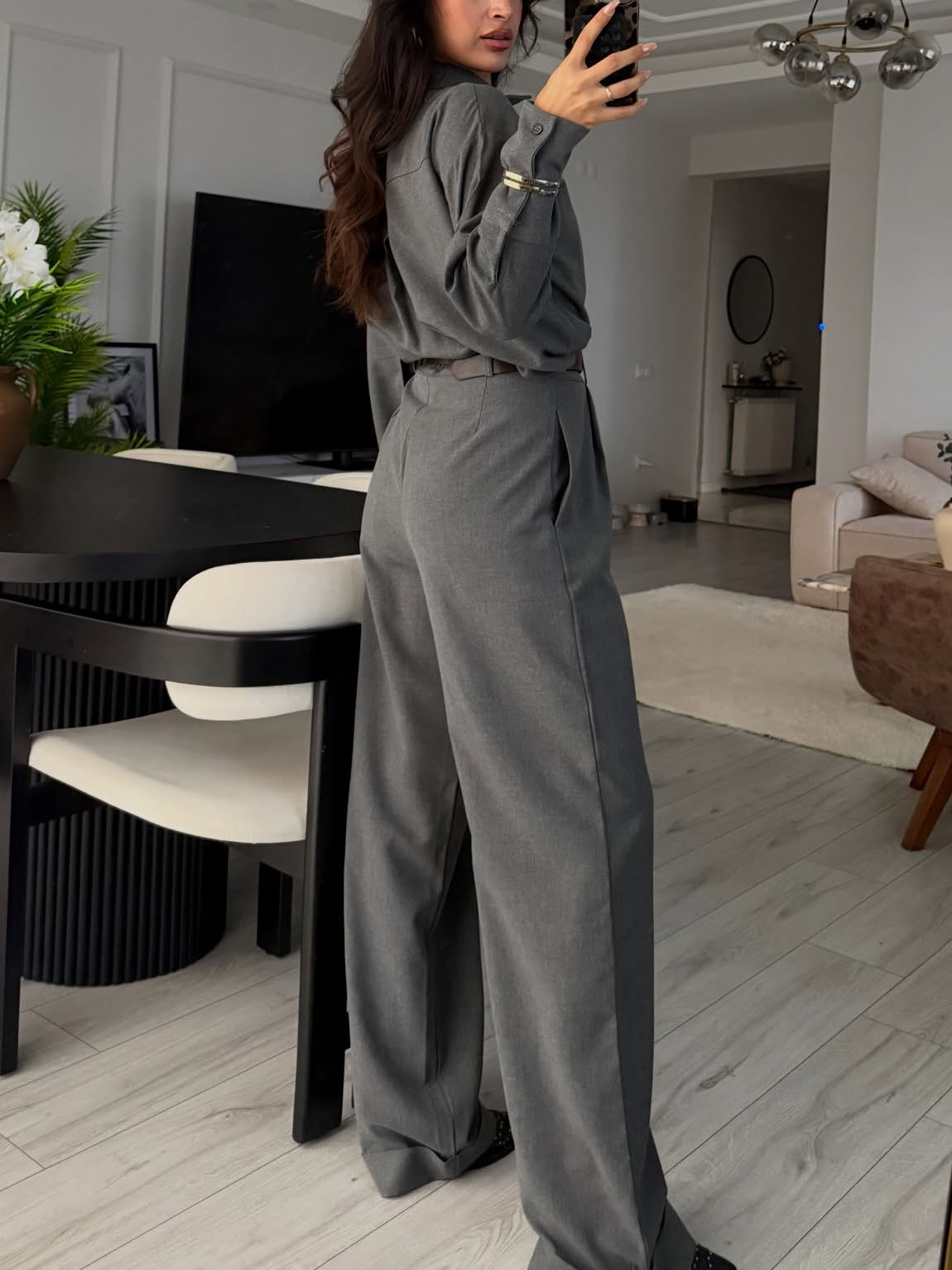 Elegant Draped Shawl Shirt & Wide-Leg Pants Two-Piece Set
