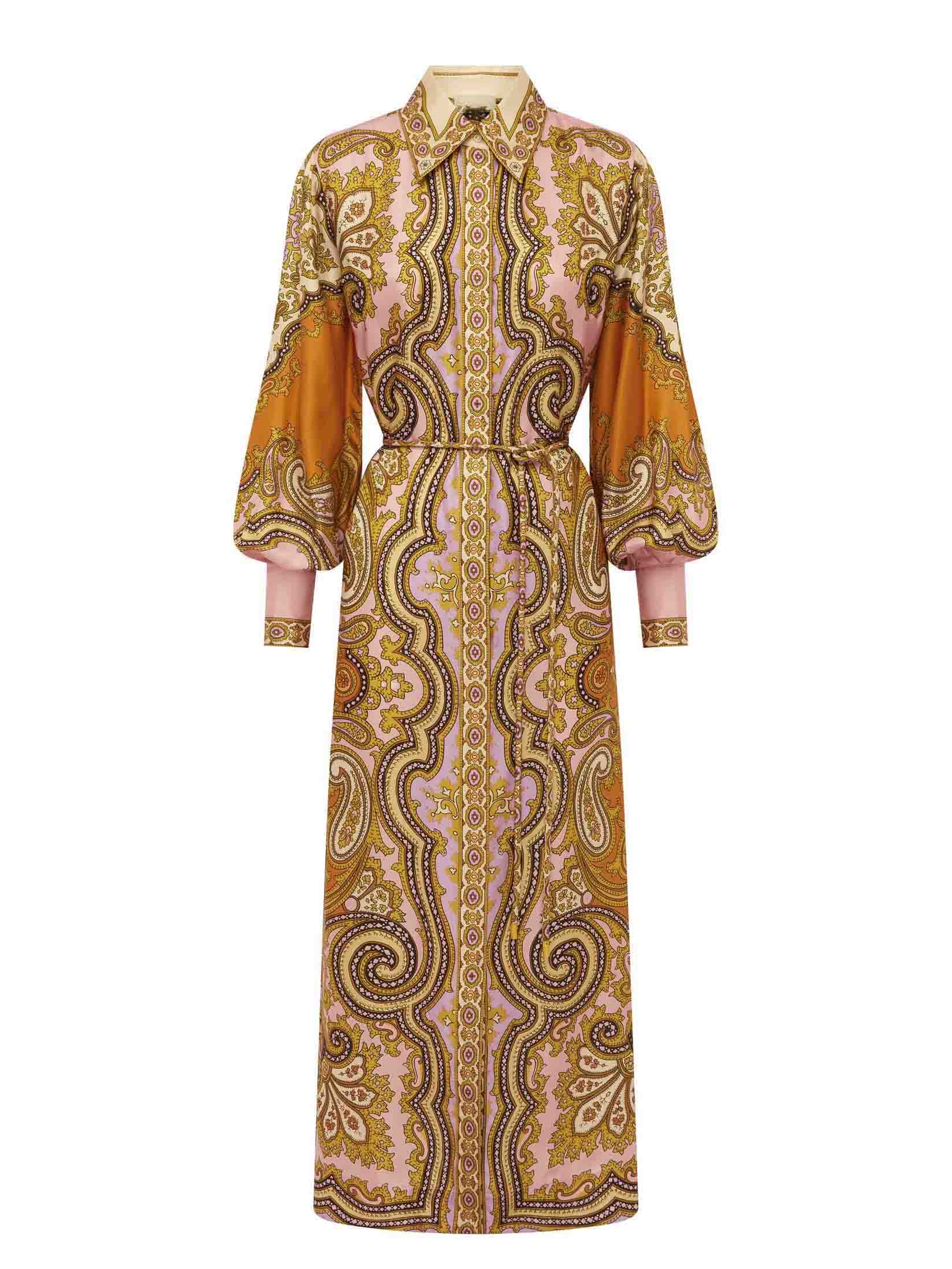 Exquisite Satin Unique Paisley Print Button Maxi Dress