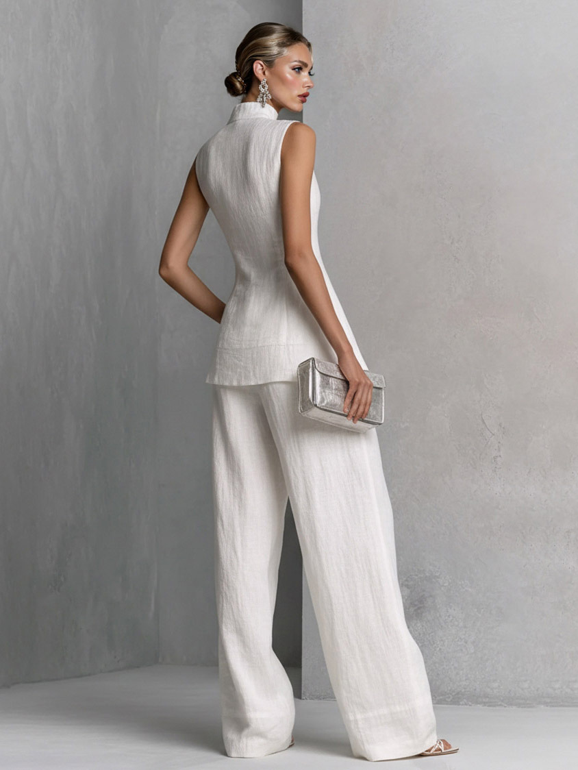 Minimalist Sleeveless High-Neck Top & Wide Leg Pants Set
