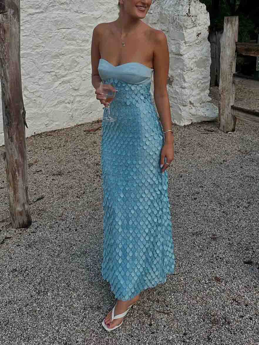 Elegant Strapless Lace Sequined Maxi Dress